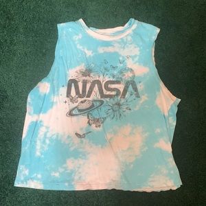 Women’s Muscle Shirt “NASA” size M. Cotton light blue distressed